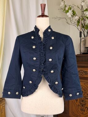 Navy Ruffle Military Band Jacket  by Studio Petite JPR Buttons Napoleon Blazer